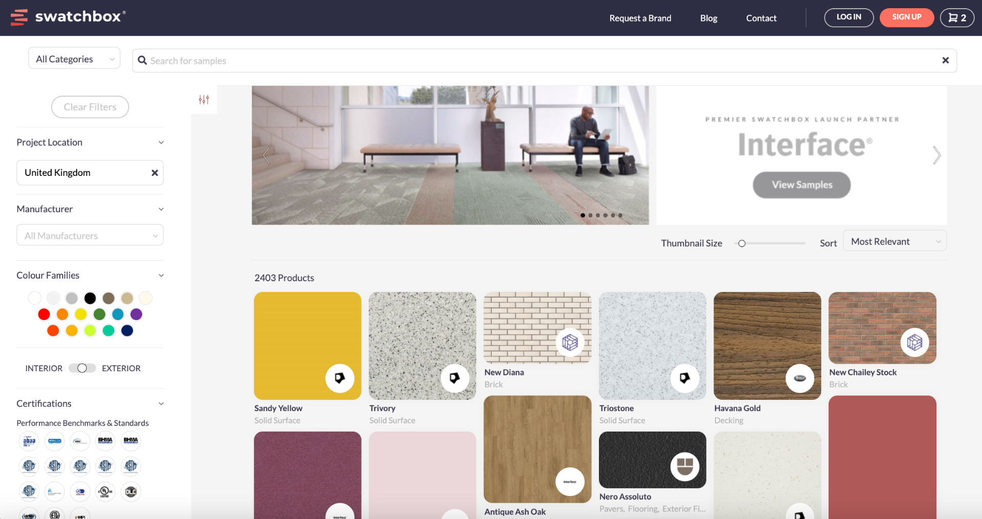 Swatchbox Pro showing material samples available for specification